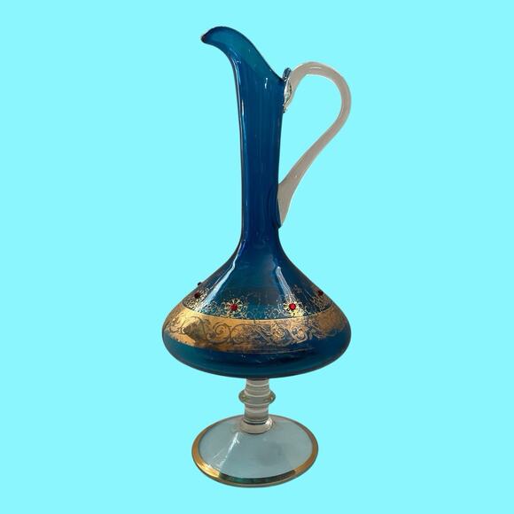 VTG Italian Venetian Murano Aqua Blue Glass Gold Gilt Red Jewels Ewer Decanter - Picture 4 of 16